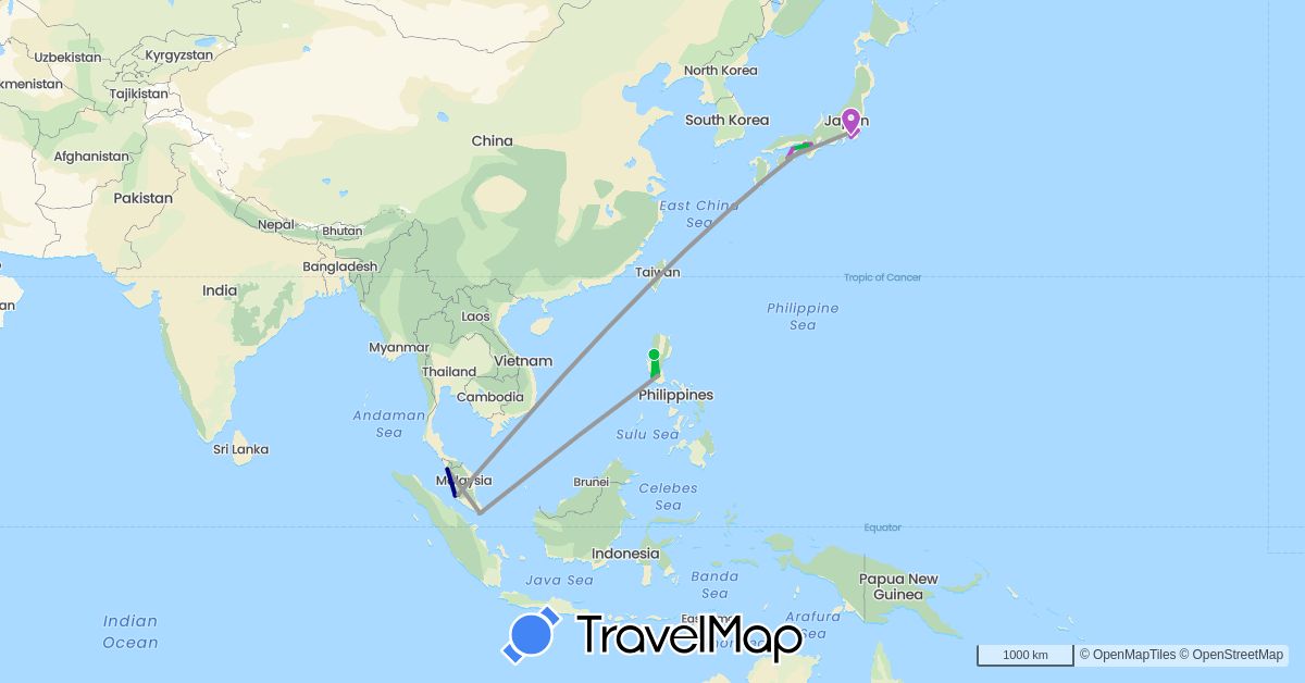 TravelMap itinerary: driving, bus, plane, train, boat in Japan, Malaysia, Philippines, Singapore (Asia)